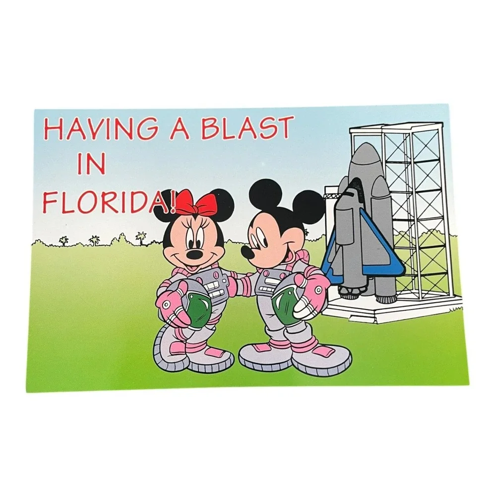 Disney Mickey & Minnie Mouse Astronaut Space Shuttle Florida Postcard Vintage